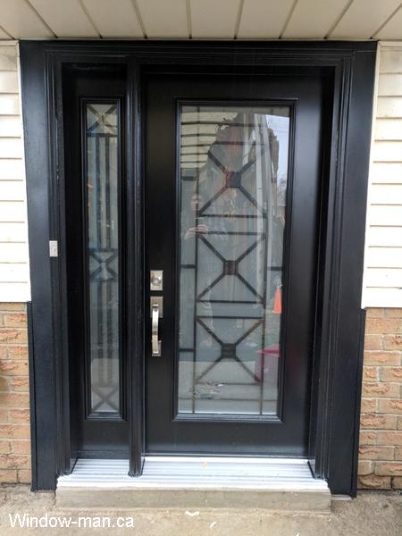 Front door ideas. Single entry insulated steel exterior with side lite. Black door. Century modern decorative iron glass